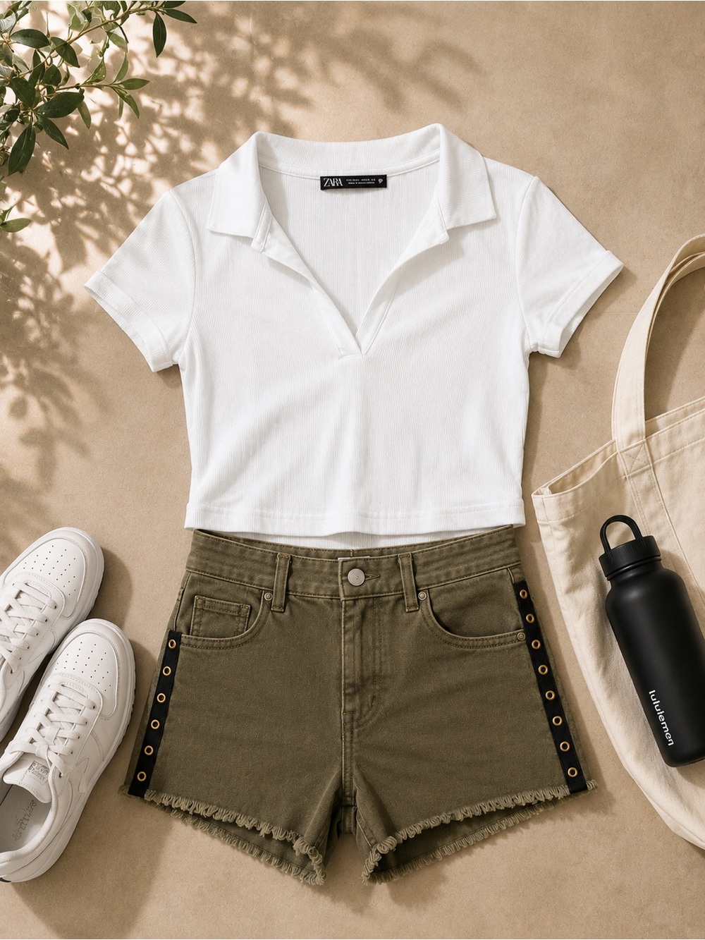 Express Olive Green Denim Shorts with Black Grommet Trim - Picture 1 of 5